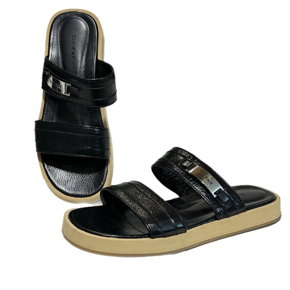 By Far Easy Black Glossy Leather Slip-On Sandals Size 36